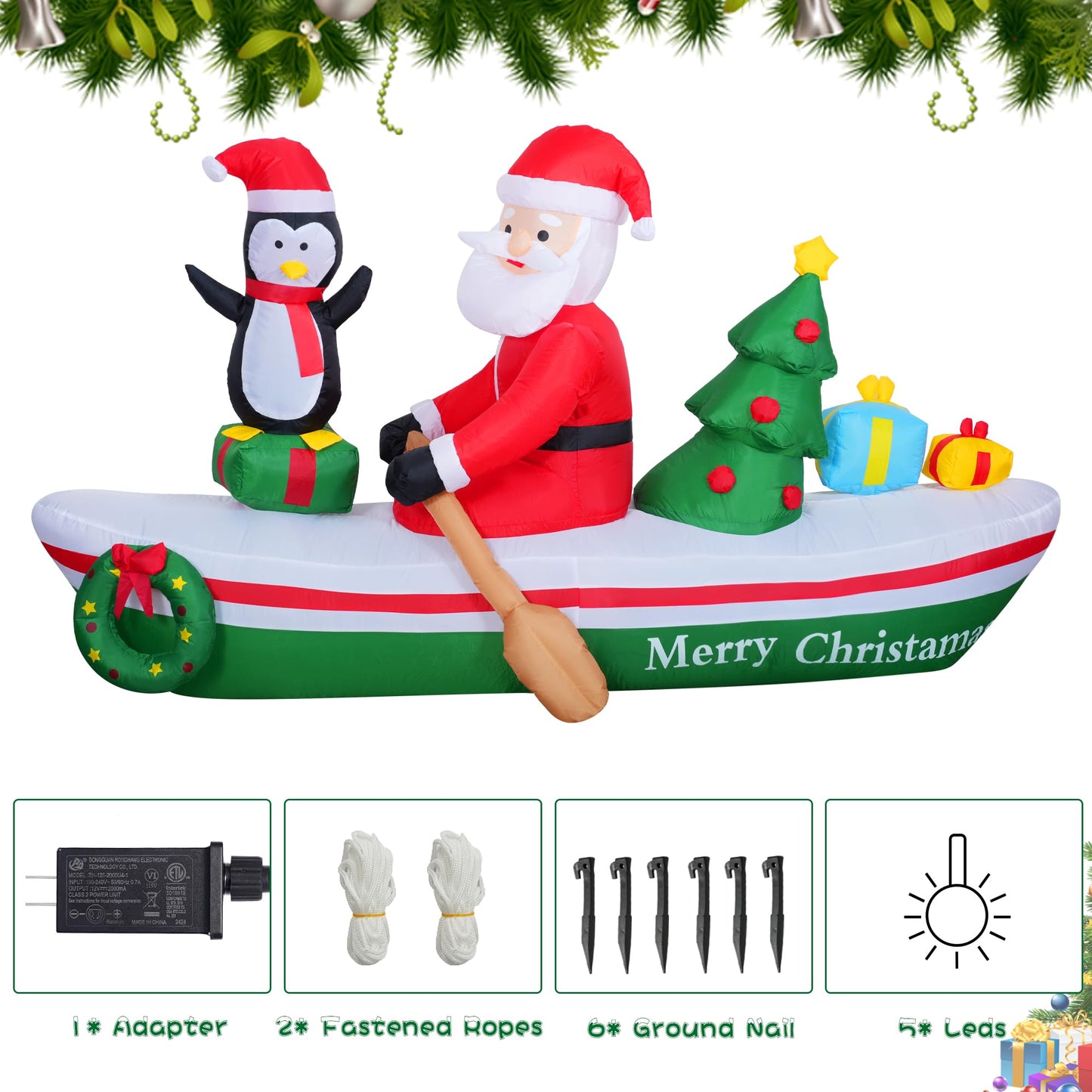 Double Couple 7FT Christmas Inflatable Santa Rowing Boat with Penguin/Christmas Tree/Gifts/Garlands Xmas Blow Up with Build-in LEDs Lights for Outside Indoor Party Garden Lawn
