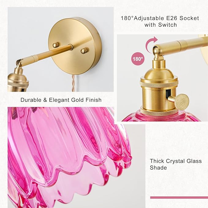 Plug in Wall Sconces Set of 2, Vintage Wall Sconce Light with Tulip Ruby Red Glass Lampshade, 180° Adjustable Wall Sconce with Switch and Plug in wall lamp Cord, Gold Wall Light Wall Decor Set of 2