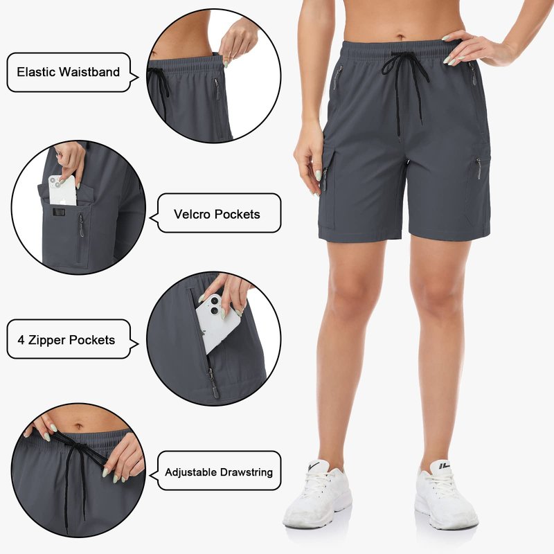 GymBrave Women's Hiking Shorts Quick Dry Lightweight Cargo Shorts for Outdoor Athletic Travel with Pockets Gray M