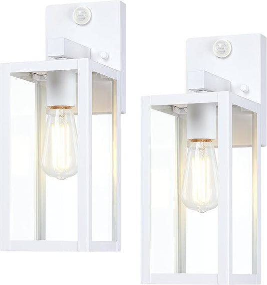 GRUENLICH Dusk to Dawn Large Outdoor Wall Lantern, PIR Motion Sensor Wall Sconce, E26 Base Max 60W, Metal Housing Plus Glass, White Finish, Bulb Not Included, 2-Pack