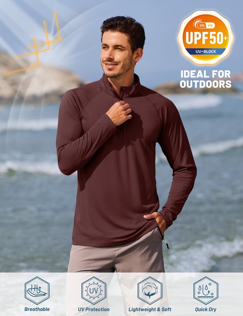 TACVASEN Mens Long Sleeve Quarter Zip Pullover Shirts Rash Guard Quick Dry Running for Men Sun Protection Swimming T-Shirts Wine Red