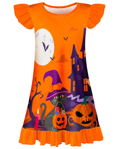 Sylfairy Girls Halloween Nightgown, Ghost Toddler Nightgown Princess Pajama Dresses for Girls Sleepwear Nightie Orange Size 6 Size 7