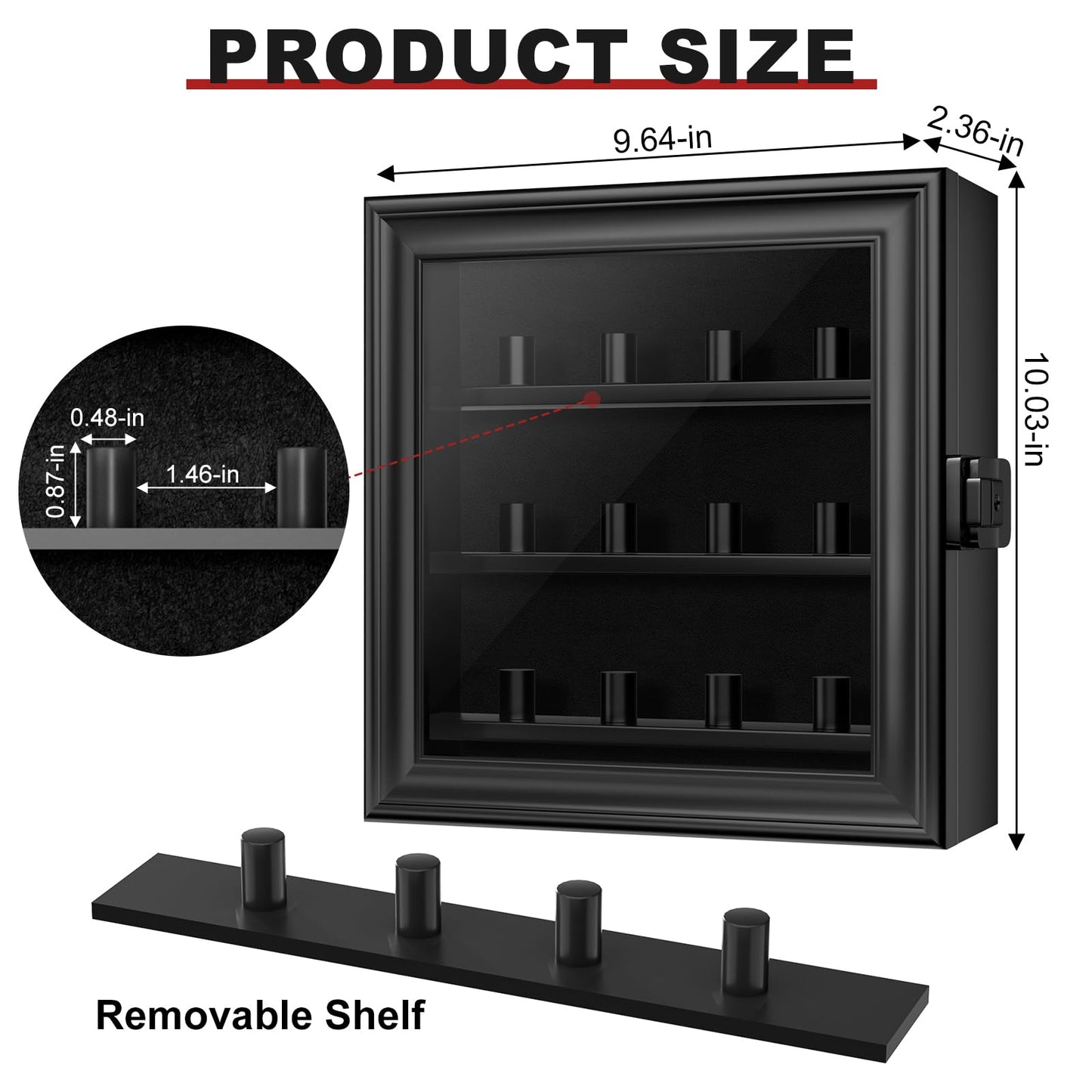 Championship Ring Display Case, 12 Ring Posts Baseball Ring Holder, Wall Mount Wooden Shadow Box for Multiple Championship Rings
