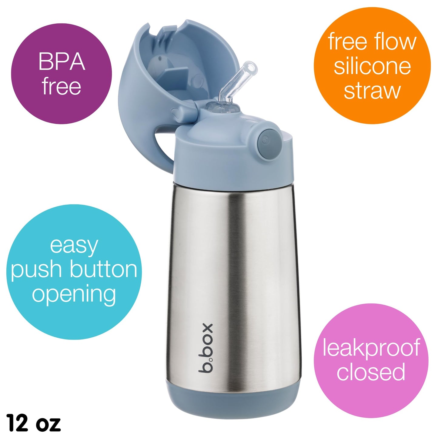b.box 12 oz Insulated Water Bottle - Keeps Drinks Cold 8 Hours, Warm 6 Hours, Triple Wall Stainless Steel Kids Water Bottle w/Free Flow Silicone Straw, Leakproof & Dishwasher Safe