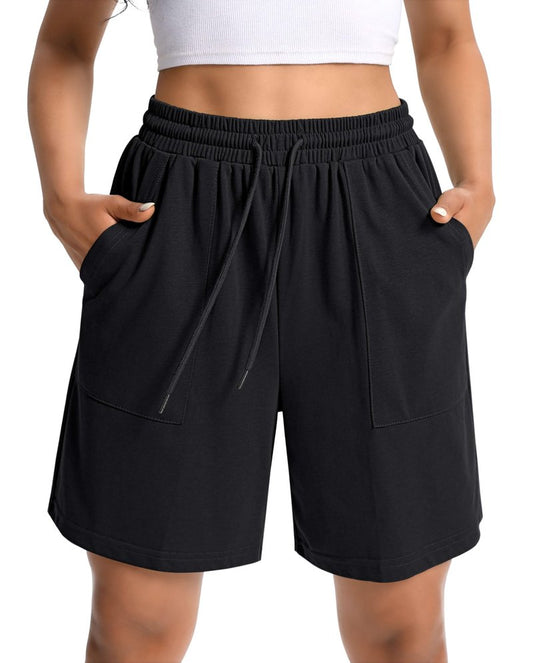 NOIGEFAY Cotton Shorts for Woman Lightweight Summer High Waist Loose Drawstring Stretchy Fashion Bermuda Black SweatShorts Knee Length Breathable Comfortable Athletic Shorts with Pockets Black L