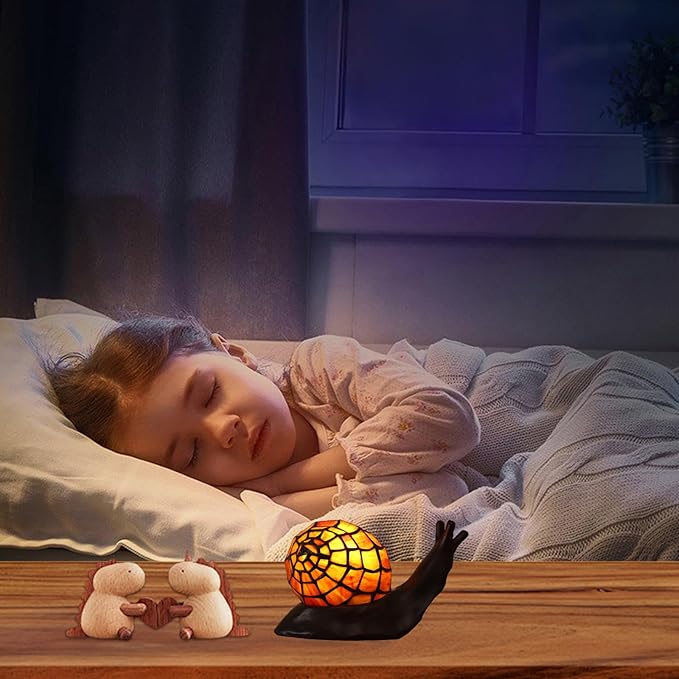 Tiffany Style Red-Brown Snail Accent Table Lamp Handmade Stained Glass Shade Night Light for Kids with 3 Color Temperatures LED Bulb Ideal Gift for Home Decor (8" D x 5" W x 5" H)
