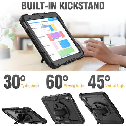 SEYMCY Case for iPad (A16) 11th/10th Generation 2025 (11 inch)/2022 (10.9 inch), Full-body Shockproof with Screen Protector, 360° Rotating Stand & Hand Strap, Carrying Strap, Pencil Holder, Black