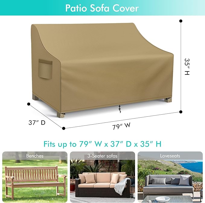 WLEAFJ Patio Sofa Cover Waterproof, 3-Seater Outdoor Sofa, Heavy Duty Deep Lounge Loveseat, Large Lawn Furniture with Air Vent, 79’’ W x 37’’ D x 35’’ H, Khaki