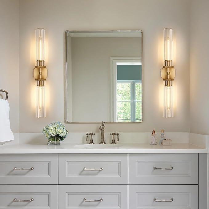 Crystal Bathroom Vanity Wall Sconces Set of Two Gold Modern Sconces Wall Lighting, 28.5in Brass Vanity Lights,Indoor Linear Wall Sconce Light for Bedroom,Hallway,Staircase,Living Room,Dining Room