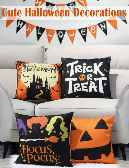 Halloween Decorations Set Of 4 Double-Sided Print Pillow Covers 18" x 18", with 8 Cute Halloween Decor Patterns, Elegant Invisible Zipper, Soft Linen Throw Pillow Covers for Outdoor & Indoor Use