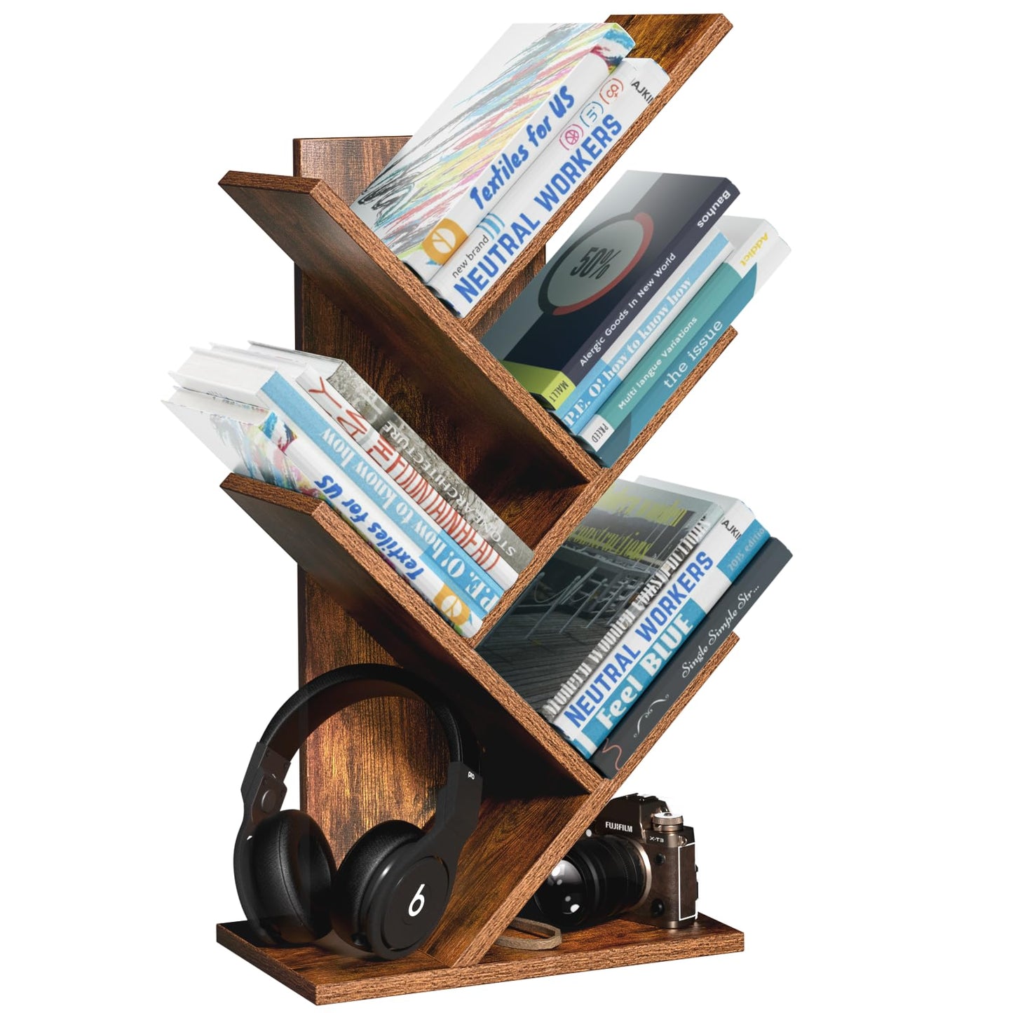 SHEEPAM 5 Tier Tree Book Shelf, Small Desktop Bookshelf with Storage Organizer, Wood Bookcase, Desk Display Bookshelves, Floor Standing Organizer Bookcases for Living Room,Bedroom,Office-Brown