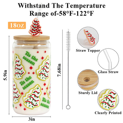 Joyseller Christmas Gift Glass Cup, Christmas Iced Coffee Tumbler with Festive Holiday Tree Cakes Design, 18oz Reusable Beer Can Drinking Glass for Holiday Tea & Winter Beverages