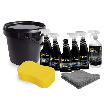 AA Cleaning Kit 5x 750ml Of Cockpit Shine, Glass Cleaner & Tyre Shine, 1L Waterless Wash And Wax, Jumbo Car Sponge, 2 Microfibre Cloths, 10L Bucket