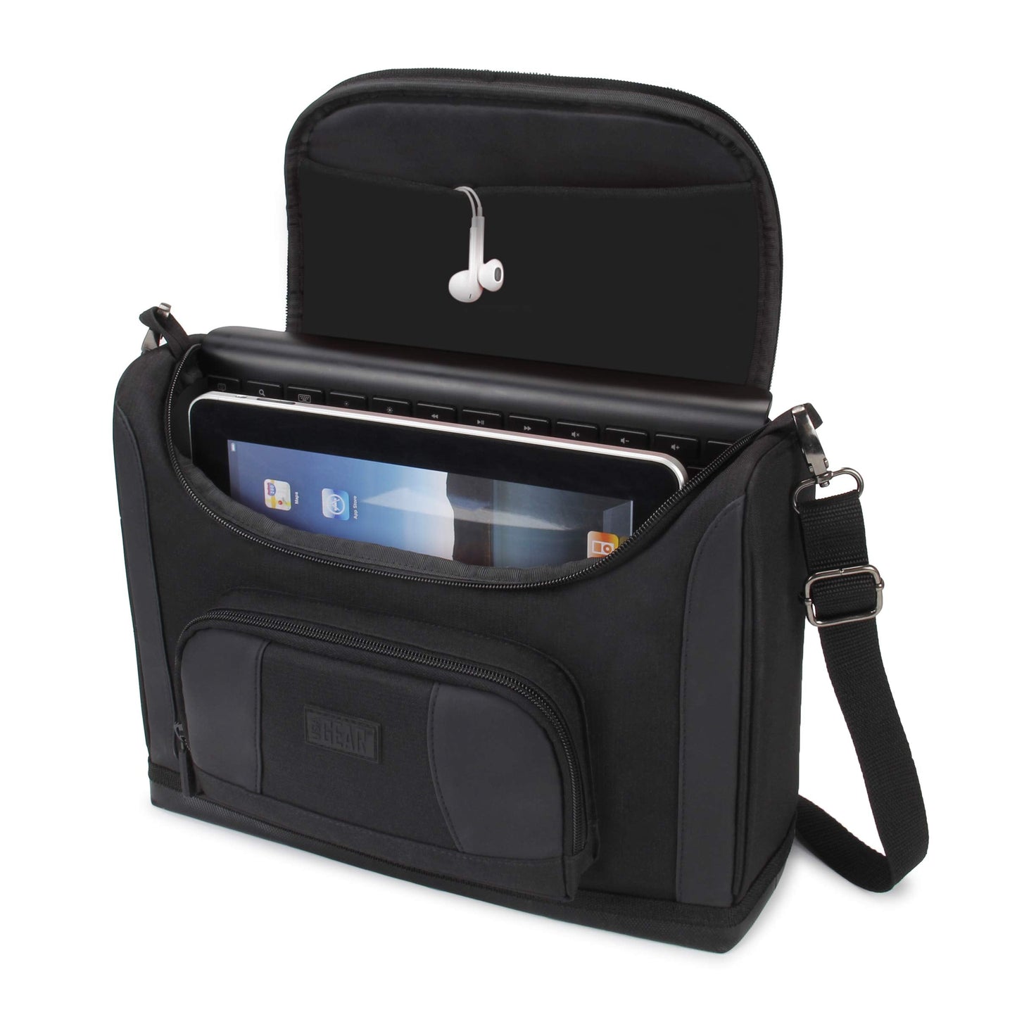 USA Gear Tablet Bag Compatible with 11 inch iPad Pro, 10.9 iPad Air, 10.2 inch Tablet - Compact Messenger Bag with Durable Exterior, Soft Adjustable Interior Fits Keyboard, Charger, more (Black)