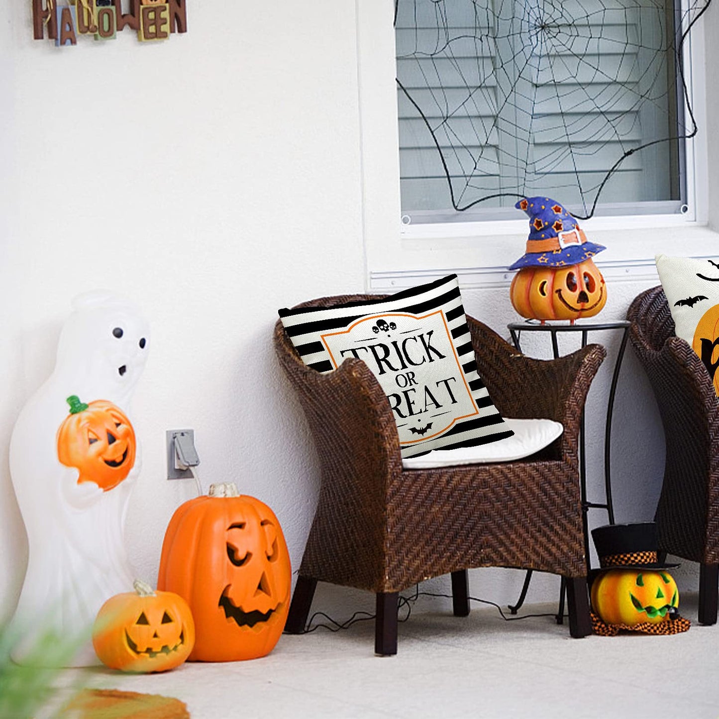 CH HAICHENG Halloween Pillow Covers 18x18 Set of 4 Trick or Treat Pillow Covers Happy Halloween Linen Sofa Bed Throw Cushion Cover Decoration