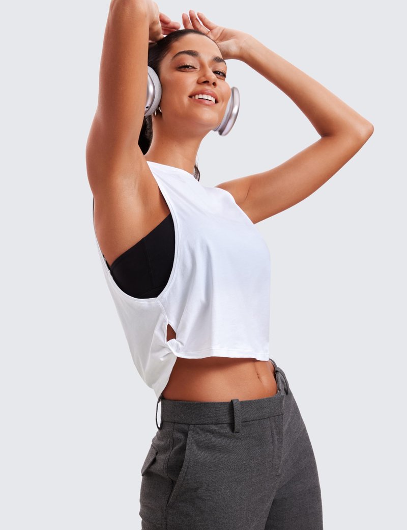 CRZ YOGA Pima Cotton Cropped Workout Tank Tops for Women - Sleeveless Sports Athletic Yoga Running Gym Crop Shirts Deep Armhole-White Medium