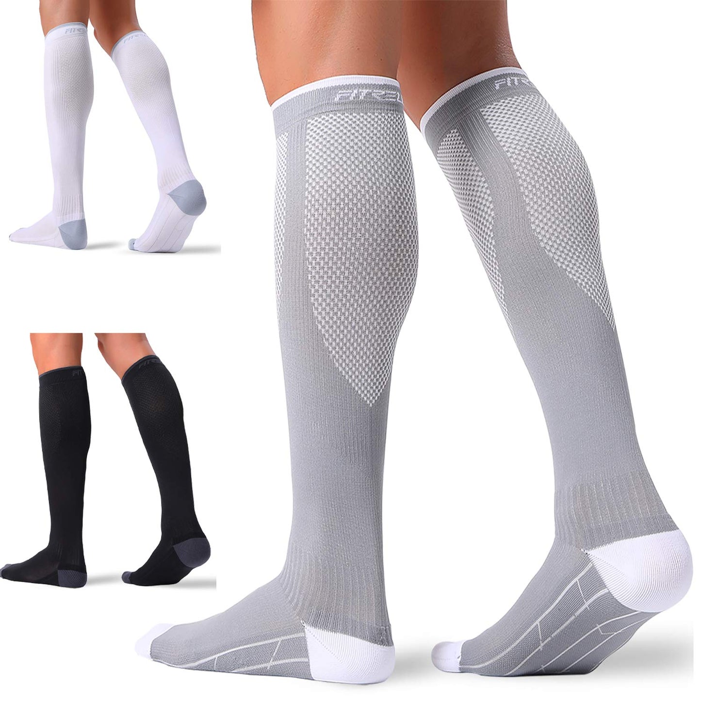 FITRELL 3 Pairs Compression Socks for Women and Men 20-30mmHg- Circulation and Muscle Support Socks for Travel, Running, Nurse, Knee High, Medical Black+White+Grey Small-Medium