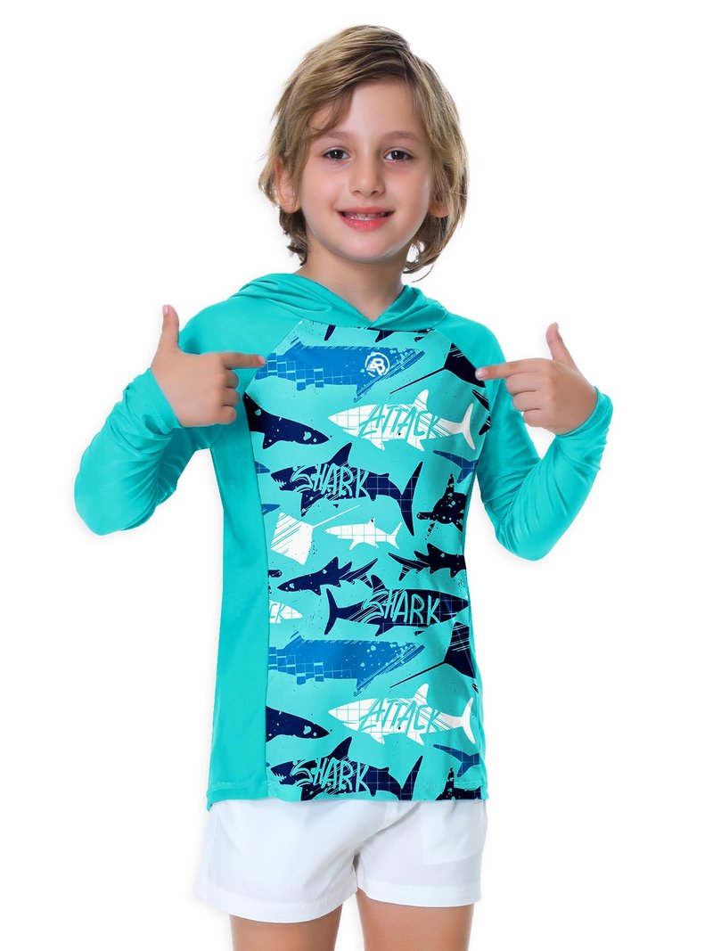 Kids Hooded Swim Top Boys Shark Print Sun Shirt Rash Guard Uv Protection Athletic SPF Shirts Aqua 7-8 Years