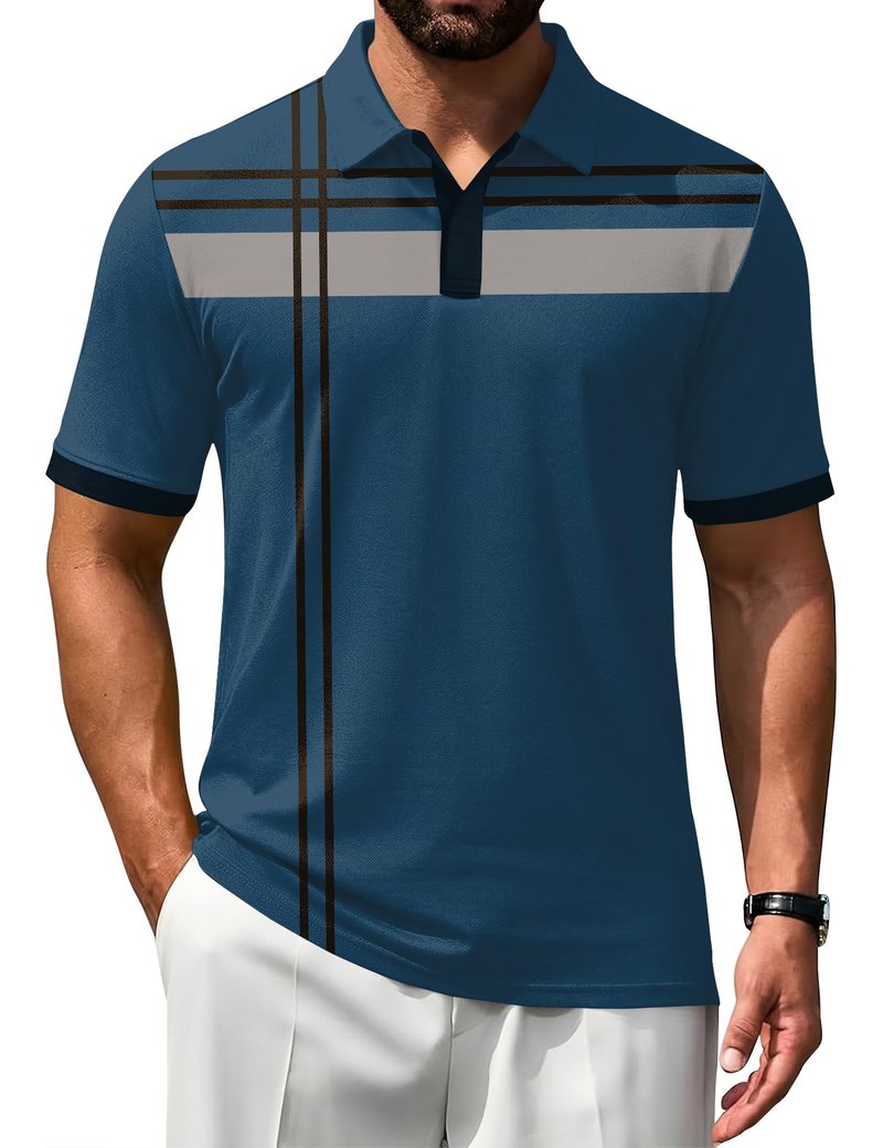 Poriff Mens Golf Shirts Short Sleeve Moisture Wicking Performance Quick Fit Casual Collared Golf Polo Shirt for Men Blue Print XL