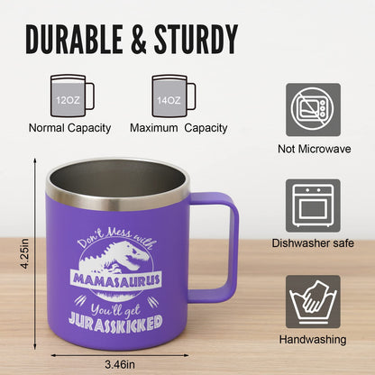 NOWWISH Funny Christmas Gifts for Mom, Mamasaurus Mug 14oz with Lid, Keeps Coffee/Wine Hot Cold, Unique Stocking Stuffer for Wife from Husband/Kids