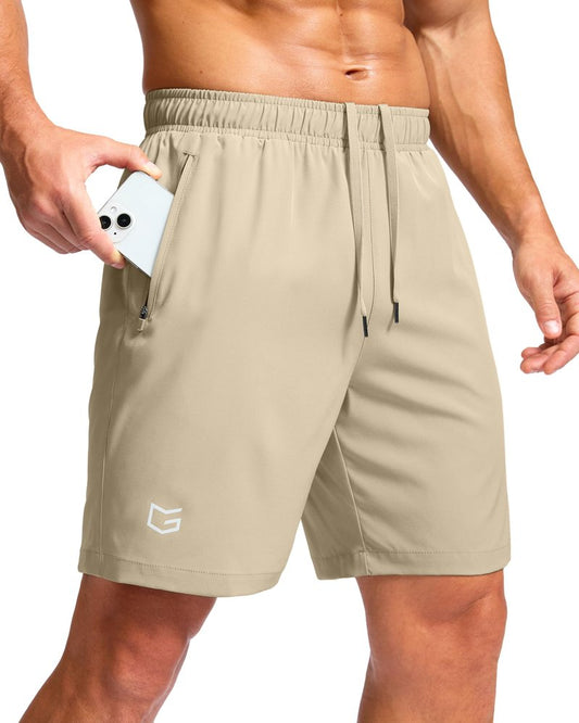 G Gradual Men's Athletic Running Shorts with Zipper Pockets Quick Dry 7"/ 5"/ 9" Workout Gym Shorts for Basketball Hiking(Khaki,7XXL)
