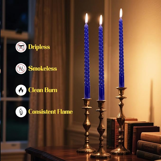 Tobeape Blue Twisted Taper Candles Set of 12, 10 Inch Tall Unscented Dripless, Smokeless Spiral Tapered Candlestick for Wedding Home Décor Dinner Hanukkah - 8 Hour Long Burning