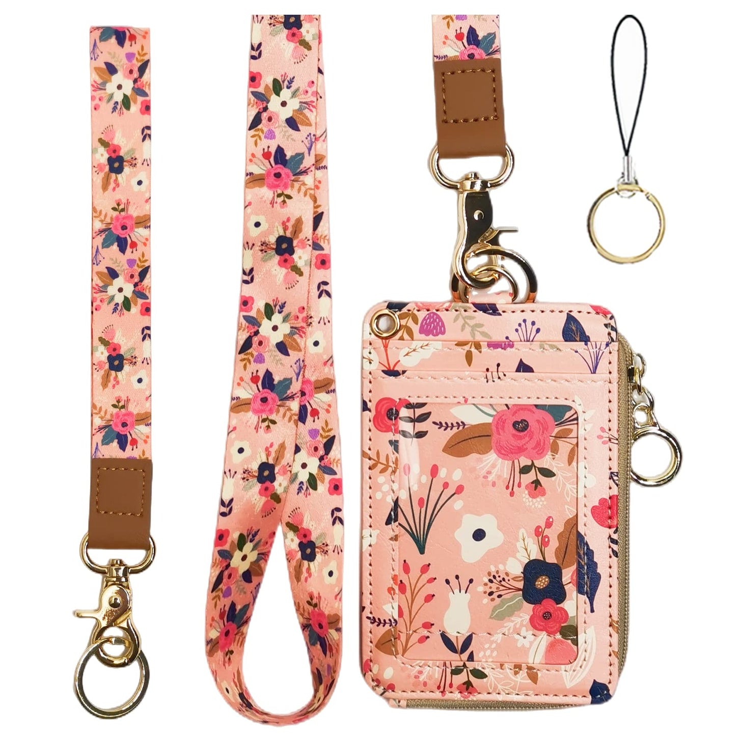 bolimoss Lanyard with Wallet,Zip ID Case with Lanyard,Lanyard Badge Holder,Lanyard Wallet for Women,Fashion Lanyard Wallet, ID Case Wallet with Lanyard（Pink Floral）