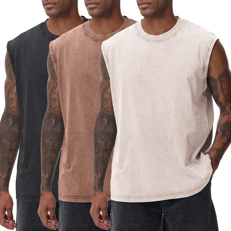SnowElve 3 Pack Mens Workout Tank Tops Sleeveless Tee Shirts Men Muscle Shirt Gym Acid Wash T Shirts Running Beach Loose Fit Tee(ACCFBK,XL)