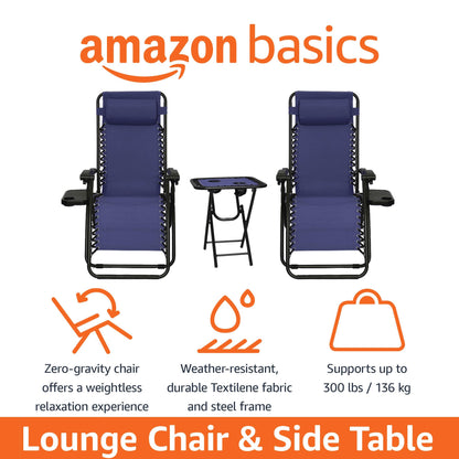 Amazon Basics Outdoor Textilene Adjustable Zero Gravity Folding Reclining Lounge Chair Set with Side Table, pack of 2, Blue