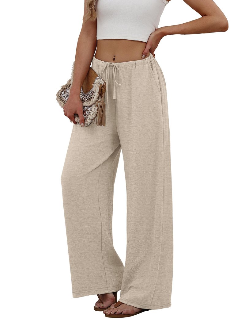Sampeel Linen Pants Women Wide Leg Palazzo Pants Flowy Beach Vacation Clothes Spring Casual Summer Outfits Vacation Cruise 2026 Fashion Clothing Boho Luxury Airport Outfits Trouser Khaki M