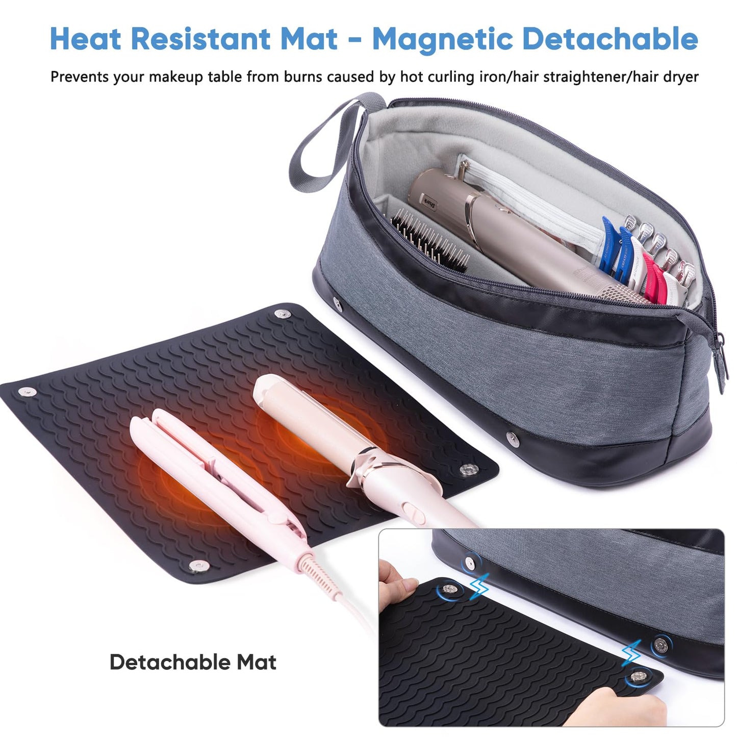 Large Hair Tools Travel Bag with Iron Mat - 2in1 Hair Tools Organizer for Hair Dryer Brush, Flat Irons, Straighteners, Curling Irons, Hair Bag, Makeup Bag, Cosmetic Bag for Travel Essentials