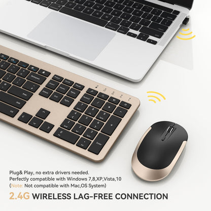 seenda Wireless Keyboard and Mouse Set, SK38 Ultra Slim Quiet USB Wireless Keyboard and Mouse Full Size QWERTY UK Layout with Numeric Keypad for Windows PC, Laptop, Computer, Black and Gold