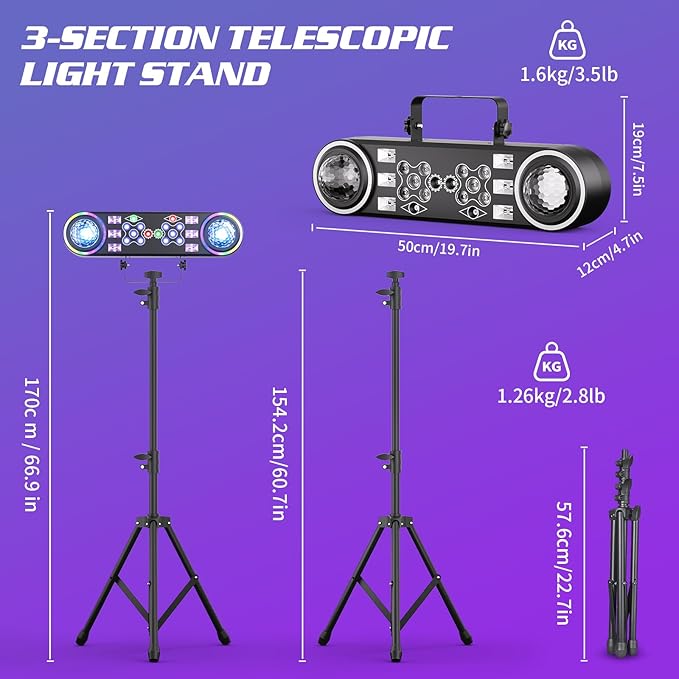 80W Dj Lights with Stand,7 in 1 Party Light Dj Disco Lights Sound Activated DMX Wireless Control with Rotating Ball,Strobe,UV,Colorful Effect for Stage KTV Band Wedding with Carry Bag (Black, 4)