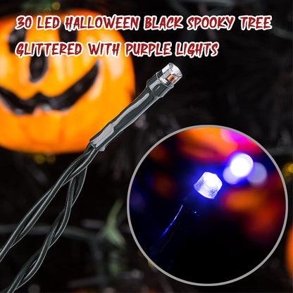 Sunnyglade 21.6” 30 LED Halloween Black Spooky Tree Glittered with Purple Lights & 12 Pumpkin Decorations,Battery Powered for Halloween Indoor Tabletop Decoration