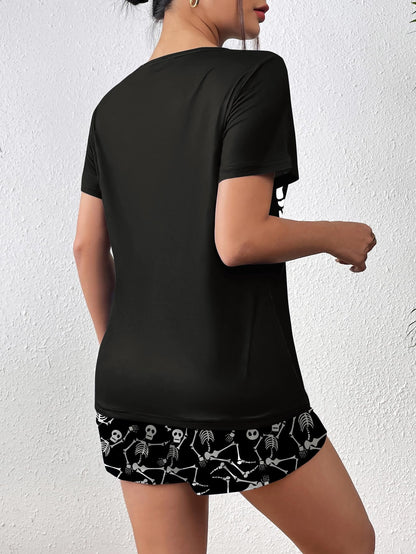 Ekouaer Women's Pajama Sets Short Sleeve Pjs 2 Piece Top and Shorts Sleepwear Comfy Soft Lounge Sets with Pockets Halloween Skeleton Print Large