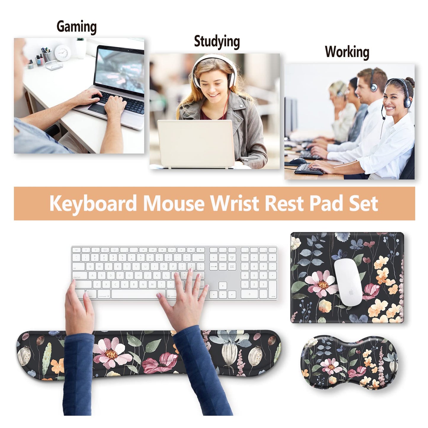 ArtSo Keyboard Wrist Rest Mouse Pad Wrist Support Ergonomic, Memory Foam Mousepad Non-Slip Base Comfortable Easy Typing Pain Relief, Flowers Plants