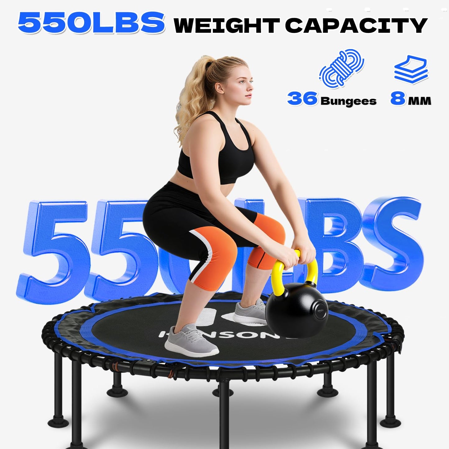 K KENSONE 48" Foldable Rebounder Trampoline for Adults with Bungee, 550 LBS Quiet Indoor Mini Trampoline for Adults Fitness, Gym Workout, Home Exercise, Blue