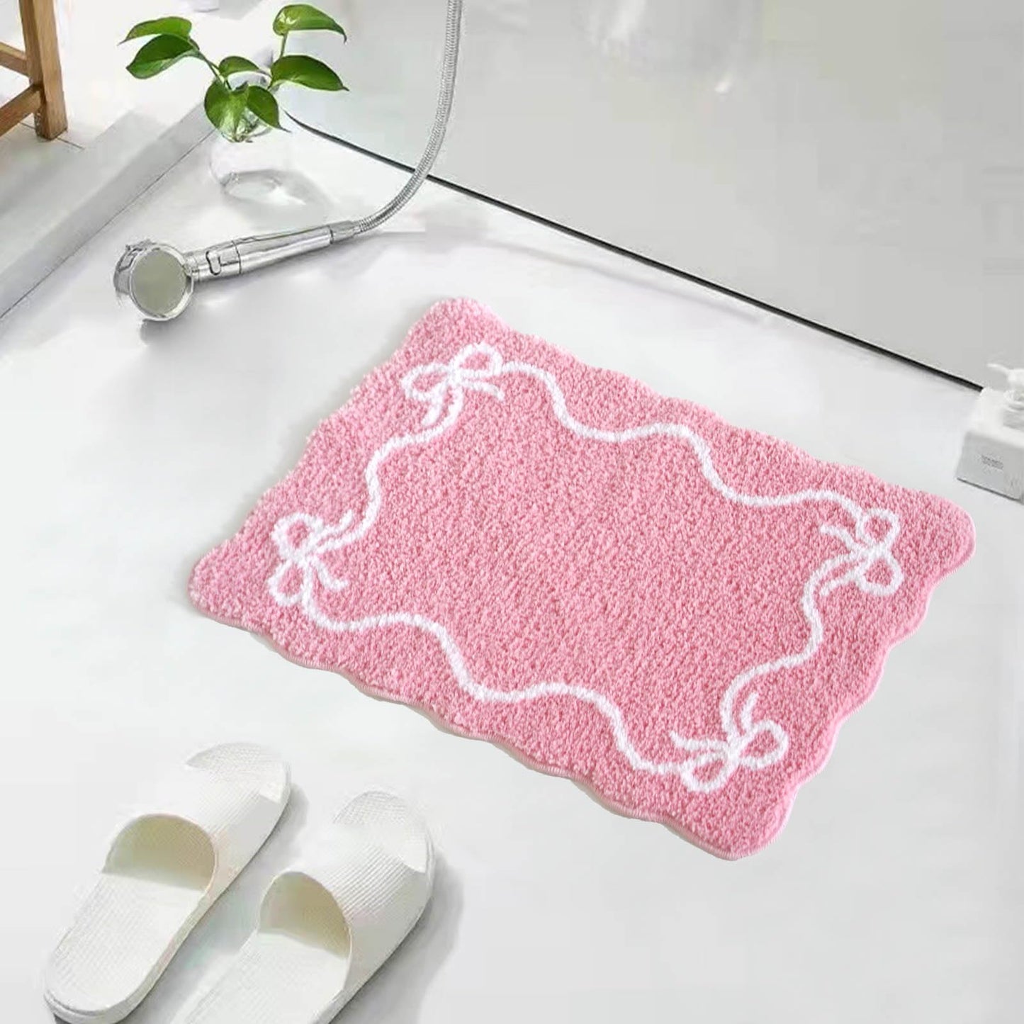 Mocsicka Pink Bow Bath Mat Cute Bow Bathroom Rug Super Soft Absorbent Bathroom Rugs Non Slip Bath Mat Machine Washable Rug for Bathrooms 16x24 inches (Pink, 40x60cm)