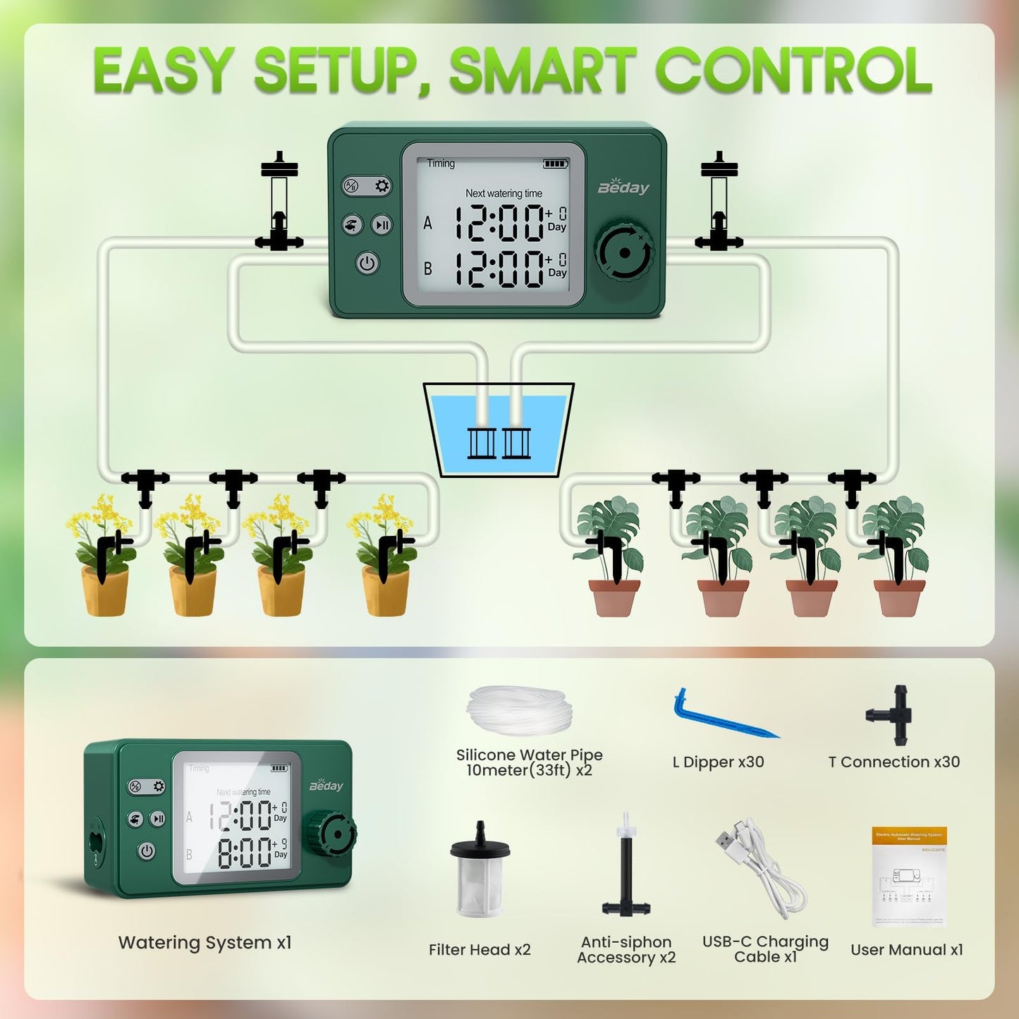 Automatic Watering System Dual Pump for Indoor Plants, Built-in Rechargeable Battery, Two Independent Water Zones, Worry-Free Vacation Drip Irrigation Kit, Water-Saving Smart Plant Waterer, Green