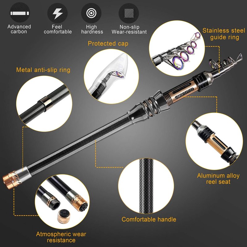 BlueFire Fishing Rod Kit, Carbon Fiber Telescopic Fishing Pole and Reel Combo with Spinning Reel, Line, Lure, Hooks and Carrier Bag, Fishing Gear Set for Beginner Adults Saltwater Freshwater(2.1M)