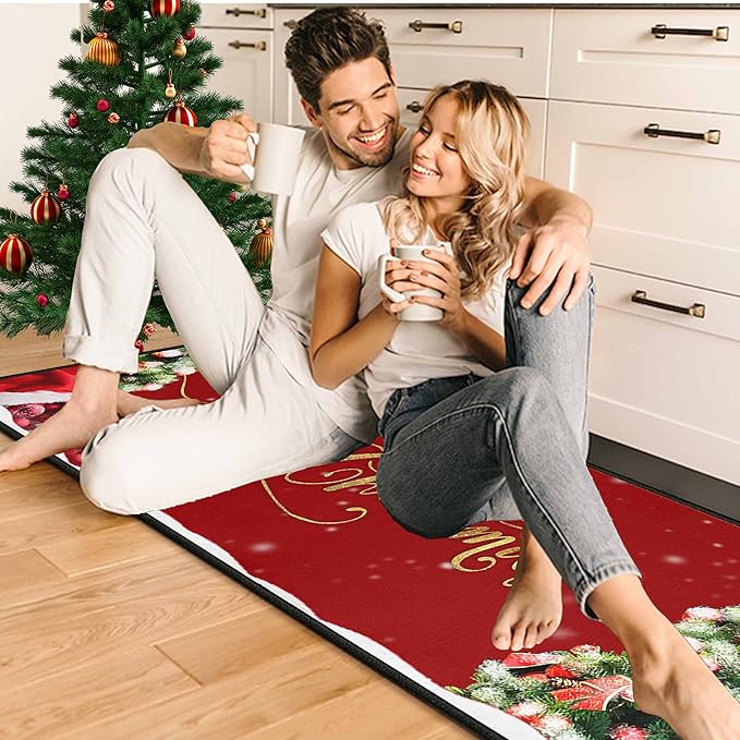 Christmas Kitchen Rugs 2 PCS, Merry Christmas Kitchen Rug, Non Skid Washable Padded Soft Comfort Kitchen Rugs Set (17"x47"+17"x30",Merry Christmas)