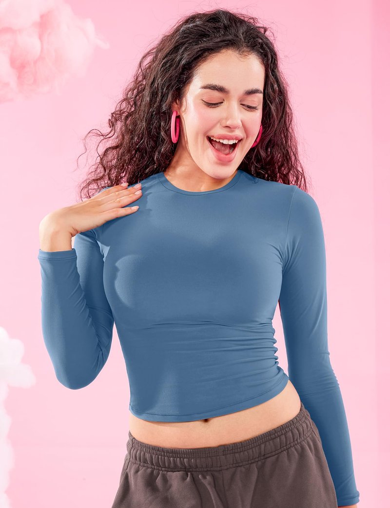 YEOREO Long Sleeve Shirts for Women y2k Tops Double Lined Basic Tee Crew Neck Going Out Sweeney Workout Undershirt Haze Blue M