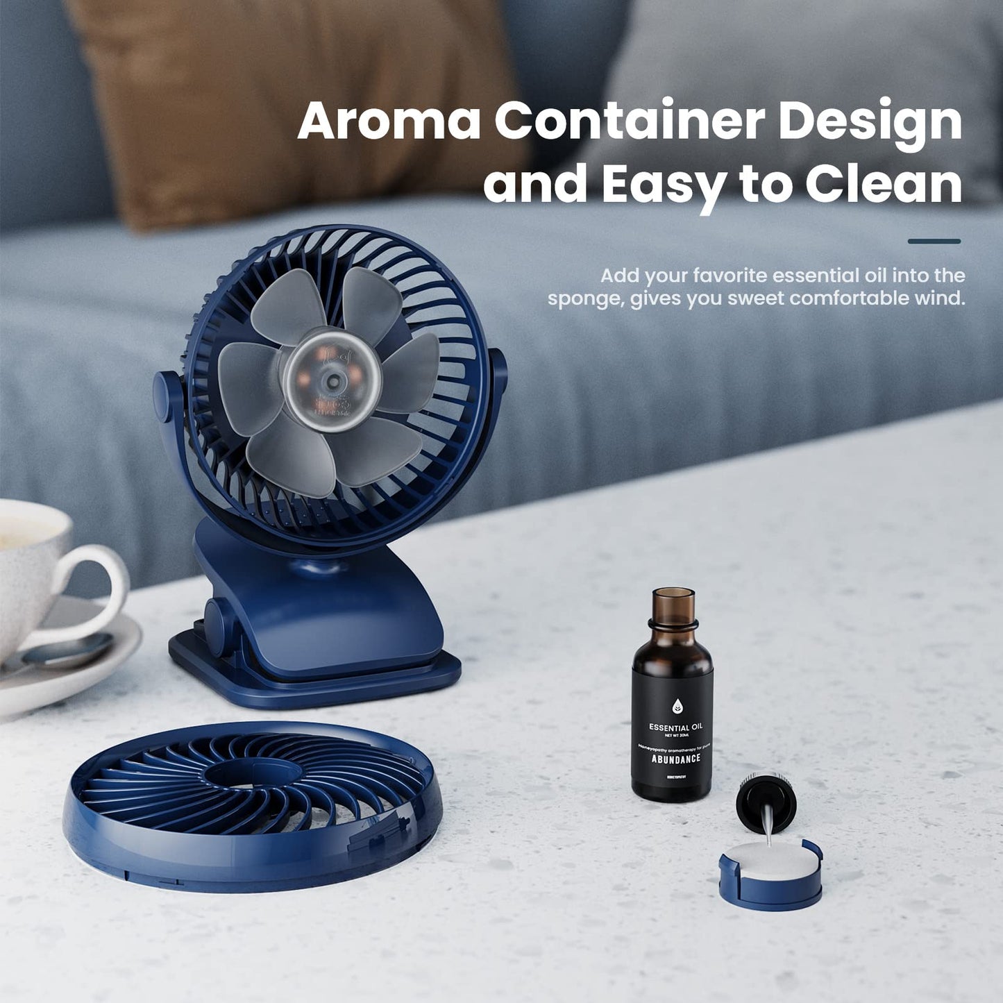 AA Battery Operated & USB Powered Clip on Fan, 4 Speeds, Unique Aroma Design, 5 Inch Cordless Personal Fan for Stroller, Camping, Home, Bedroom, Golf Car Outdoor-Blue(3*AA Batteries Included)
