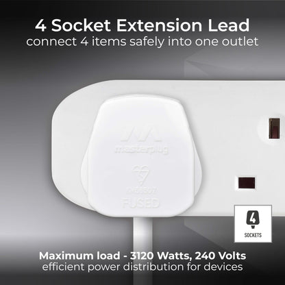 Masterplug Four Socket Extension Lead, Unswitched, 2 Metre Cable, 4-Way Plug Extension Cable, Power Strip, Basic Power, White, 13A, 4G, 2m, BFG210N