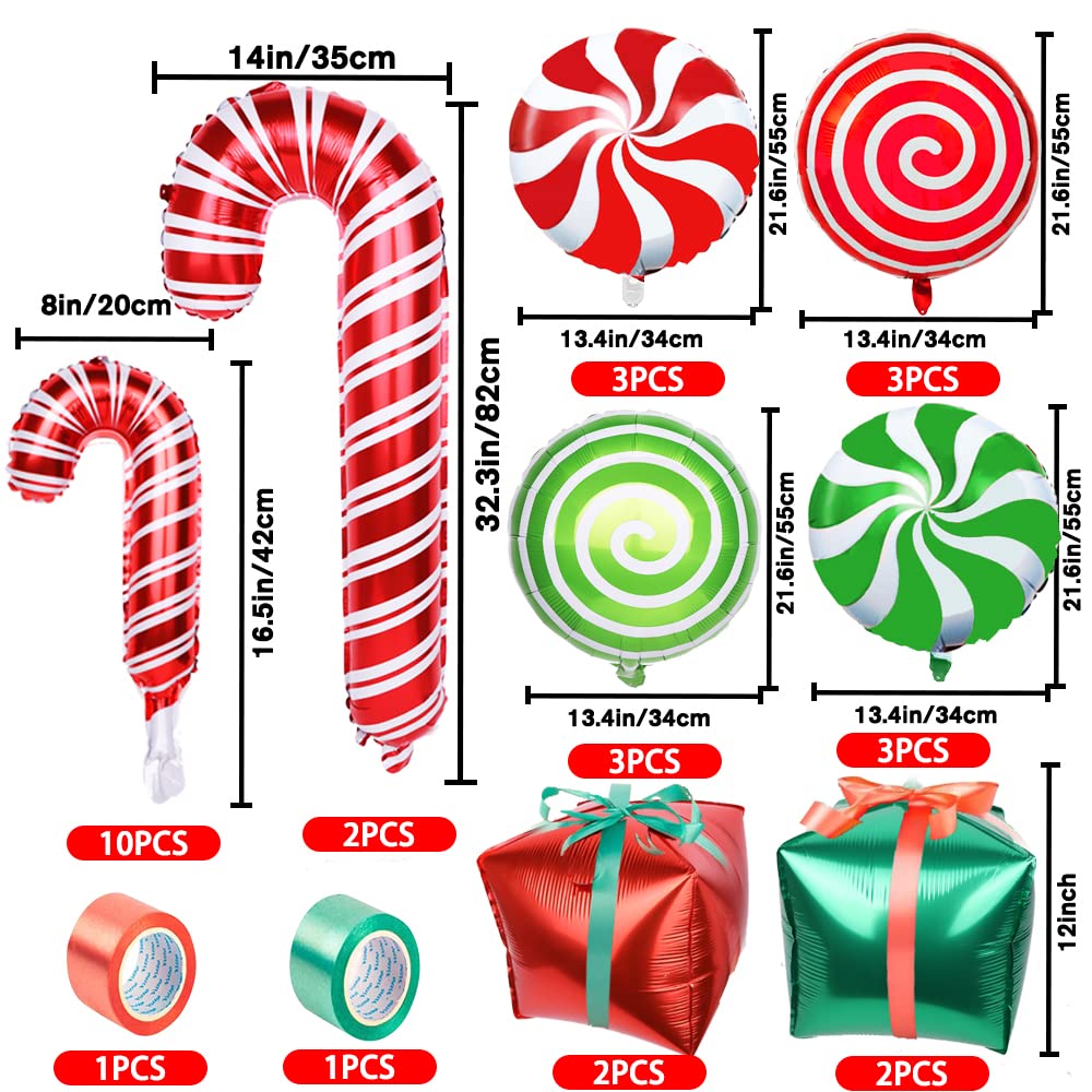 YUJUN 30Pcs Christmas Balloons Decoration Set, Candy Cane Gift Box Mylar Foil Balloons for Christmas New Year Candies Xmas Theme Party Decorations