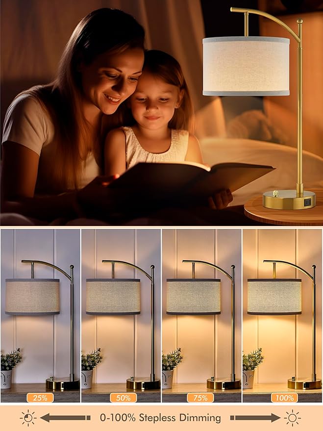 Table Lamp for Living Room Bedroom, 23.5" Table Lamps Set of 2 with USB C+A Ports, Bedside Lamps for Nightstand with Linen Lamp Shades, 2 Dimmable LED Bulbs Included, Gold