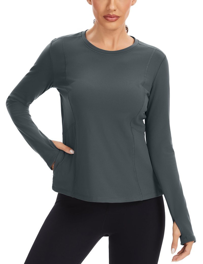 MathCat Thermal Shirts for Women Fleece Lined Long Sleeve Thermal Tops Base Layer Cold Weather Winter Gear Running Athletic Workout Underwear Zipper Pocket Grey