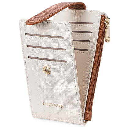 BOSTANTEN Slim Wallet Women RFID Blocking Card Holder Leather Bifold Wallet with Zipper Pocket Beige＆Brown