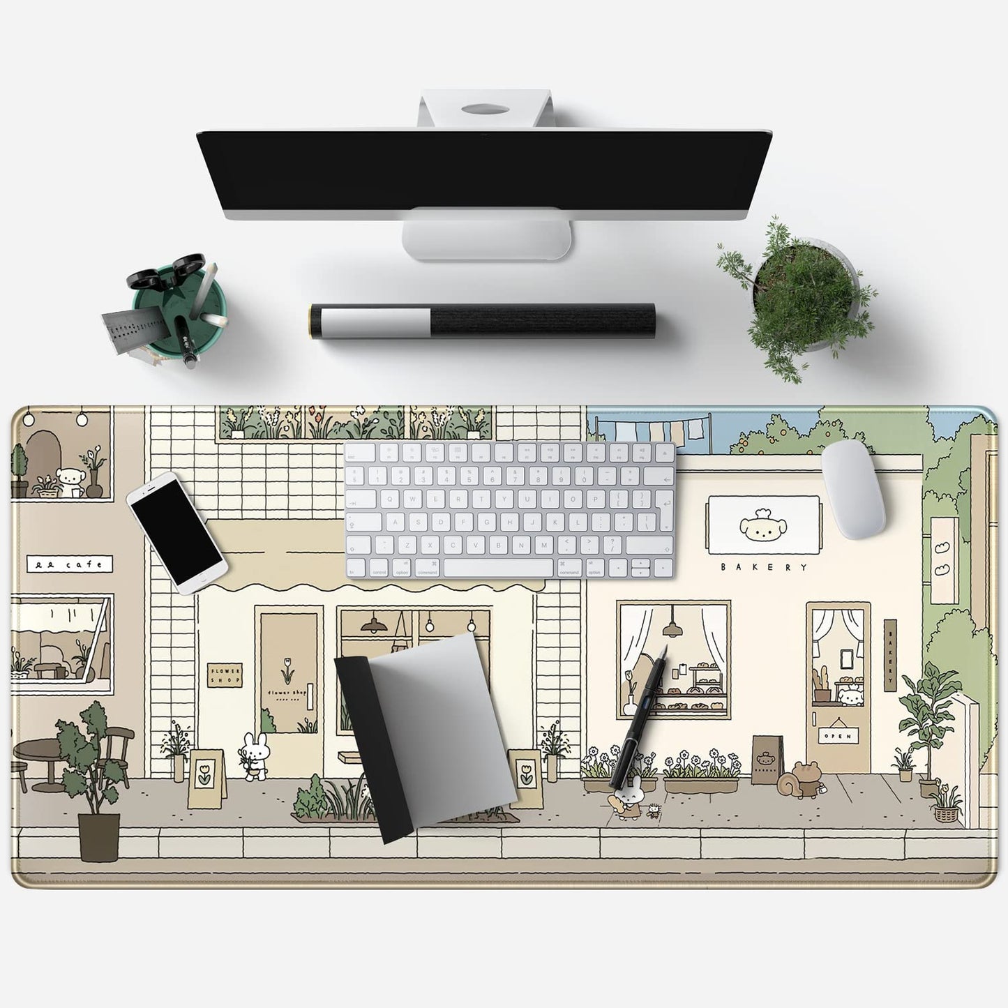 Mechanical Cattle Cute Desk Mat Kawaii Mousepad Bunny and Bear Cute Anime Japanese Street Pastel Beige Brown and Green Mouse Pad, Extra Large Deskmat Cut Laptop Mouse Pads Decor
