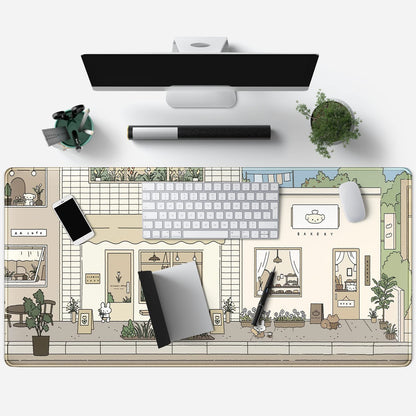 Mechanical Cattle Cute Desk Mat Kawaii Mousepad Bunny and Bear Cute Anime Japanese Street Pastel Beige Brown and Green Mouse Pad, Extra Large Deskmat Cut Laptop Mouse Pads Decor